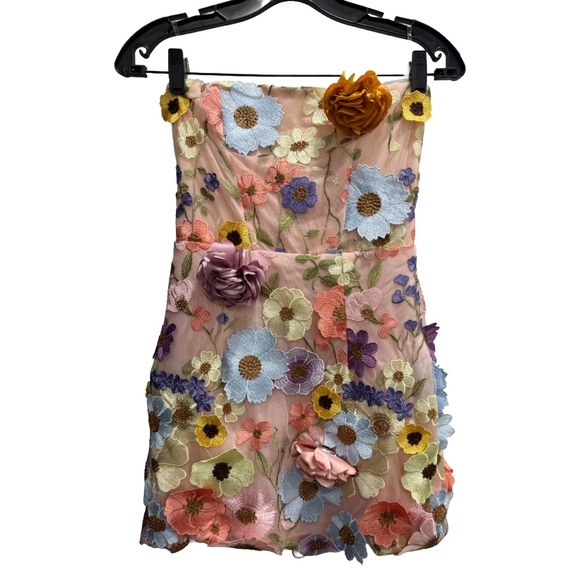 Strapless Flower Embroidered Mini Dress Pink | Bouquet Maraya Pastel Multi (M) - Picture 9 of 12